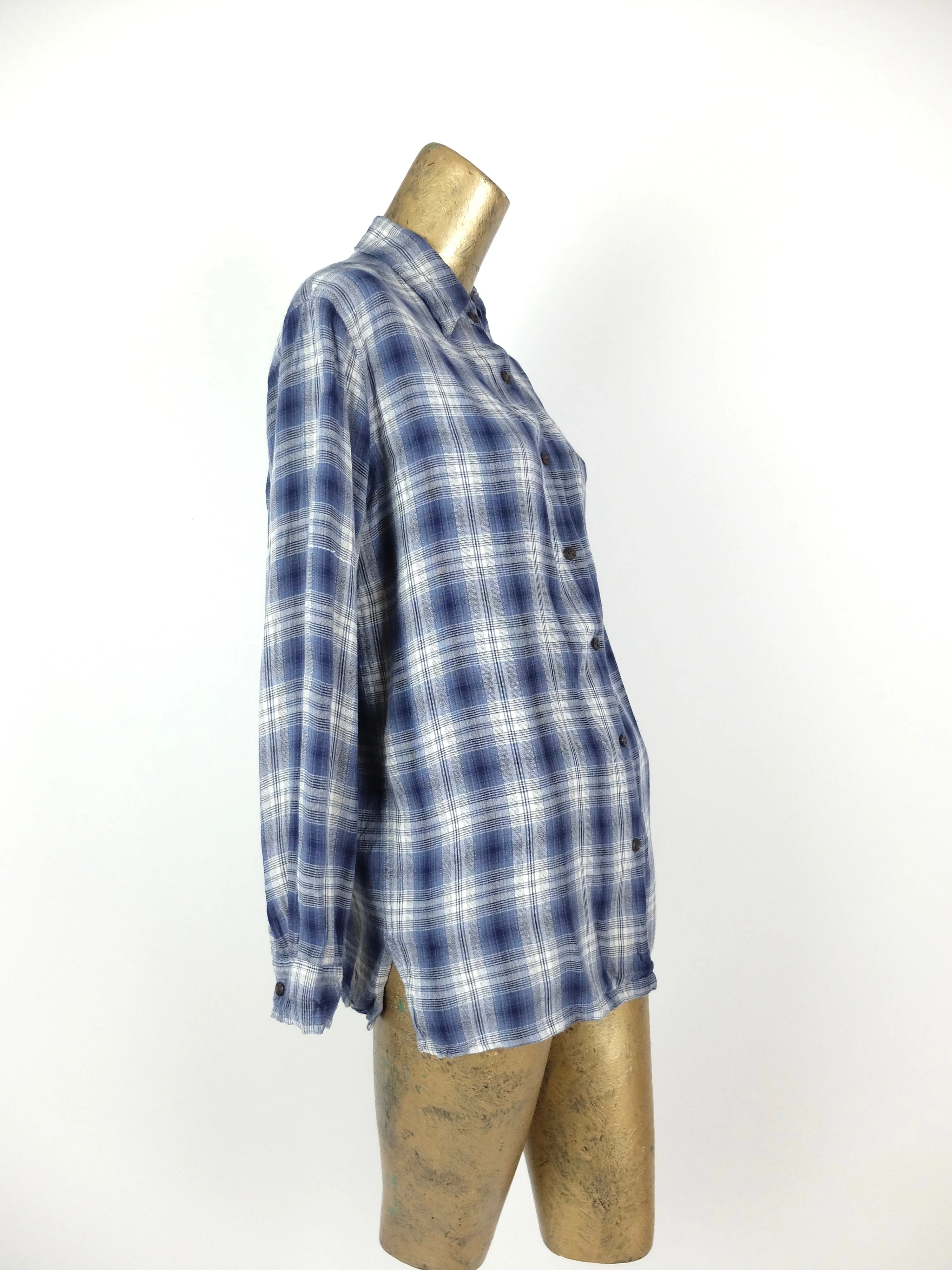 80s Navy Blue Check Print Collared Button Up Long Sleeve Shirt