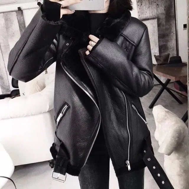 Ailegogo Winter Women Thick Faux Leather Fur Sheepskin Coat Aviator Jacket