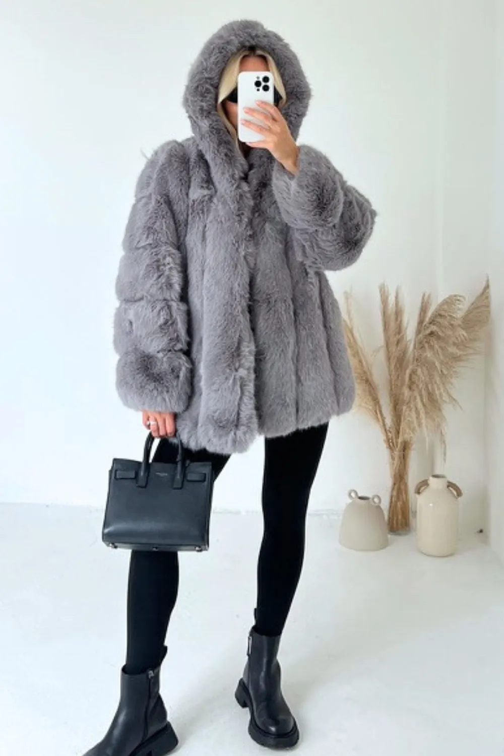 Anoushka grey Faux Fur Hooded Coat