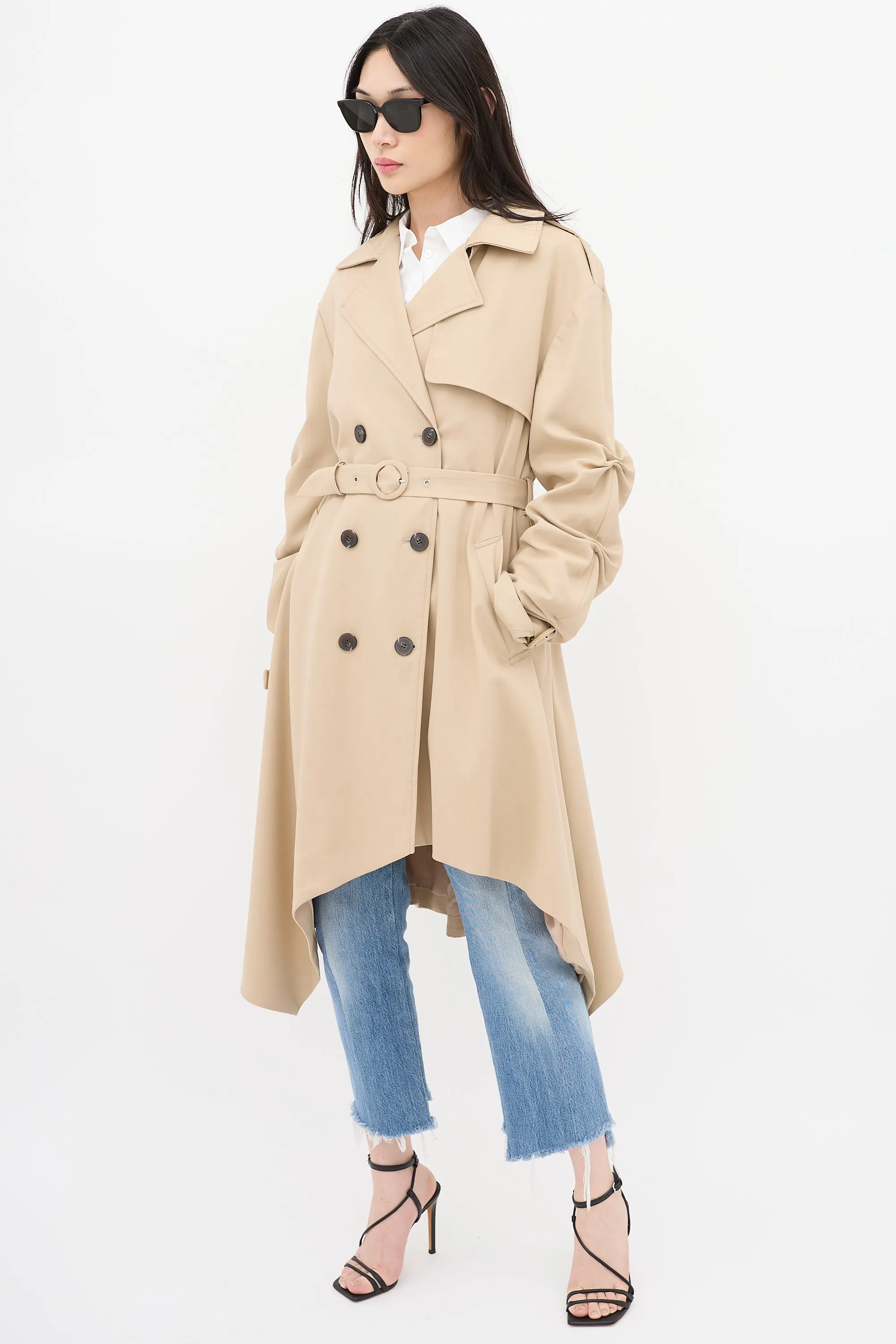 Beige Ruched Double Breasted Trench Coat