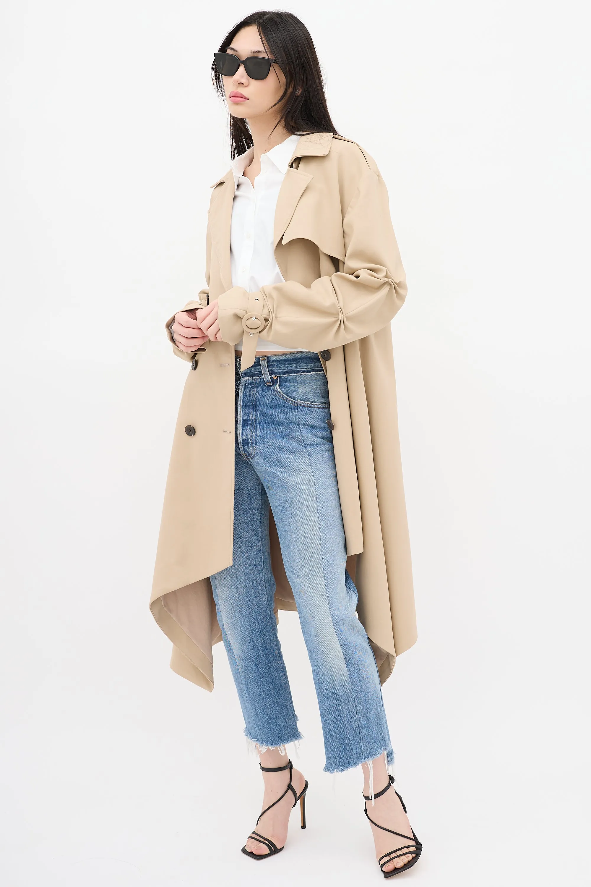 Beige Ruched Double Breasted Trench Coat