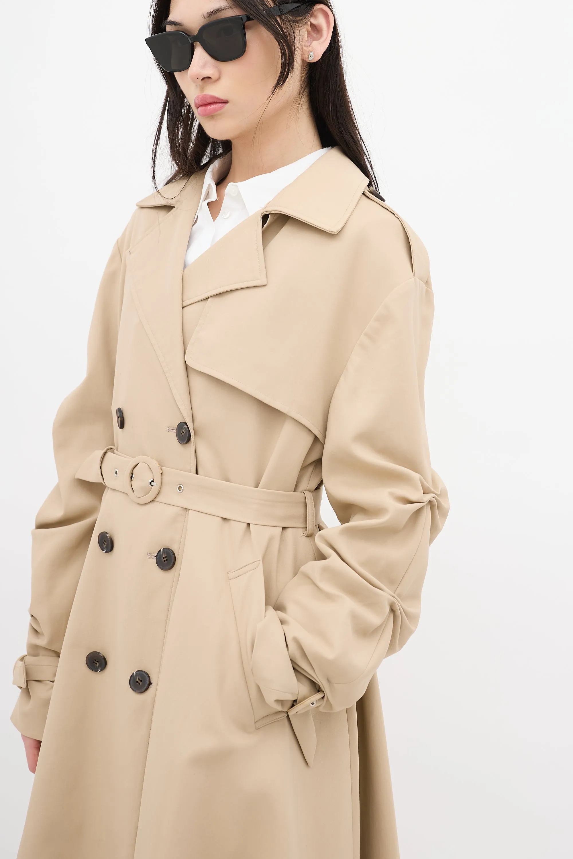 Beige Ruched Double Breasted Trench Coat