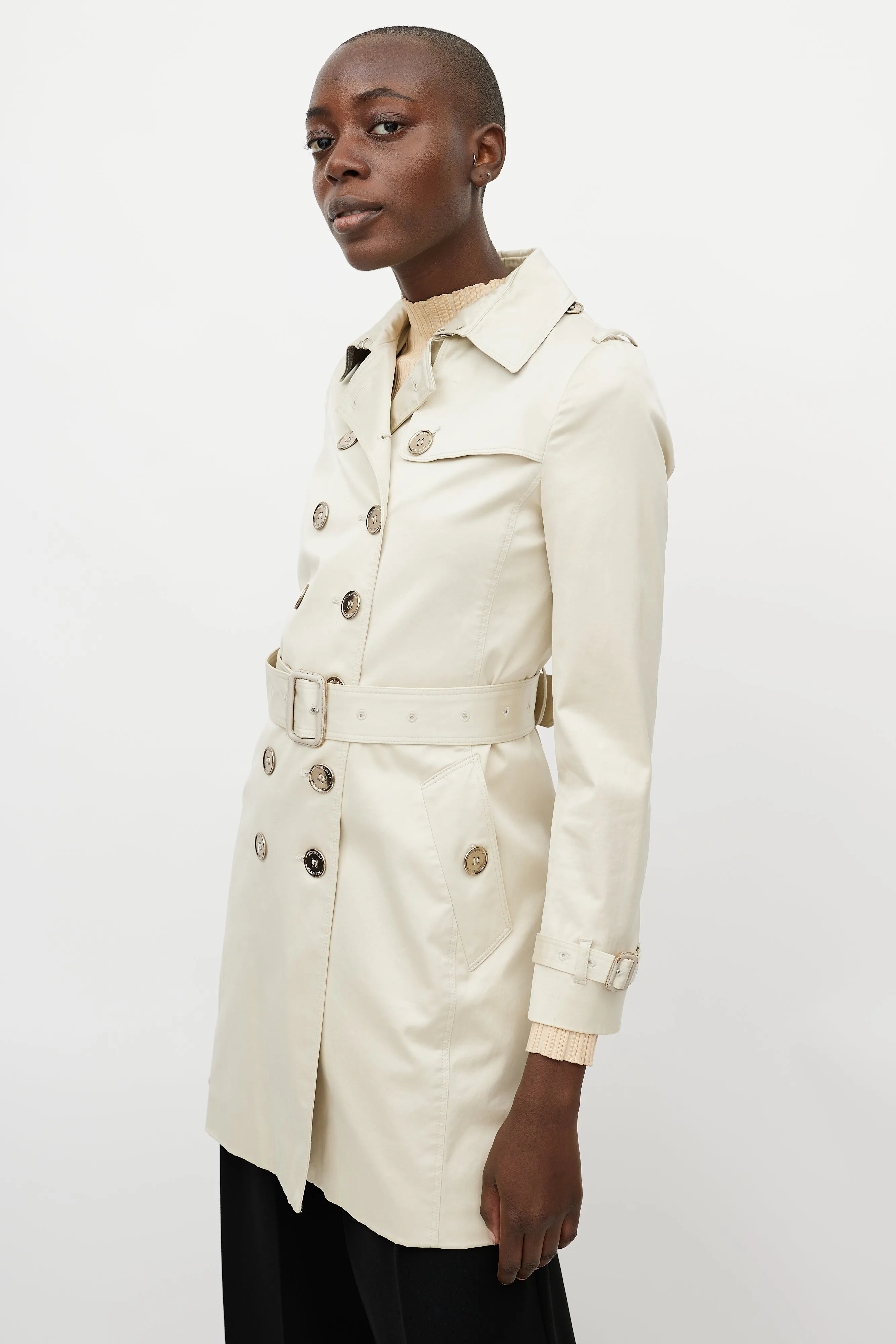 Beige Silver Double Breasted Trench Coat