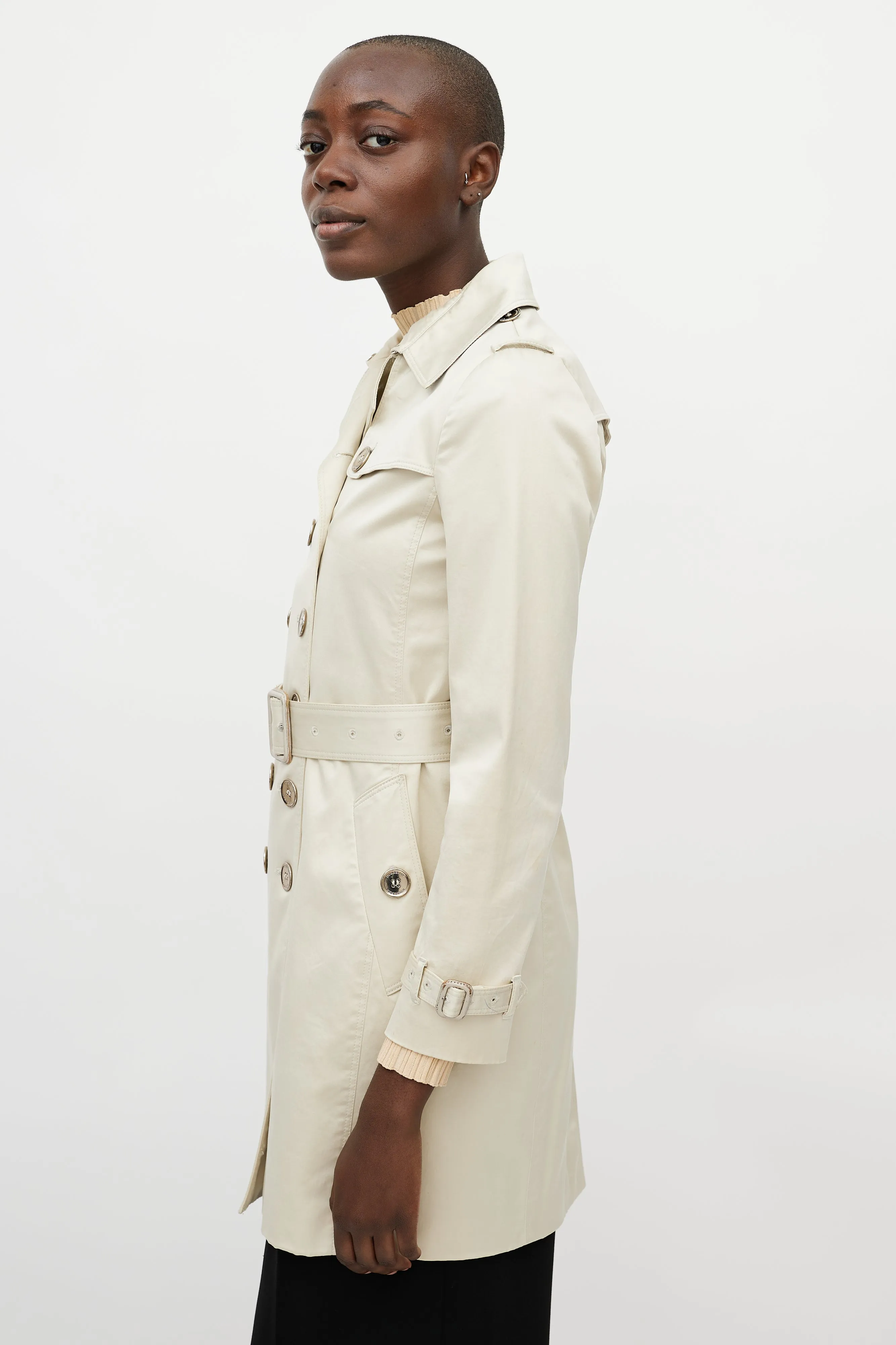 Beige Silver Double Breasted Trench Coat