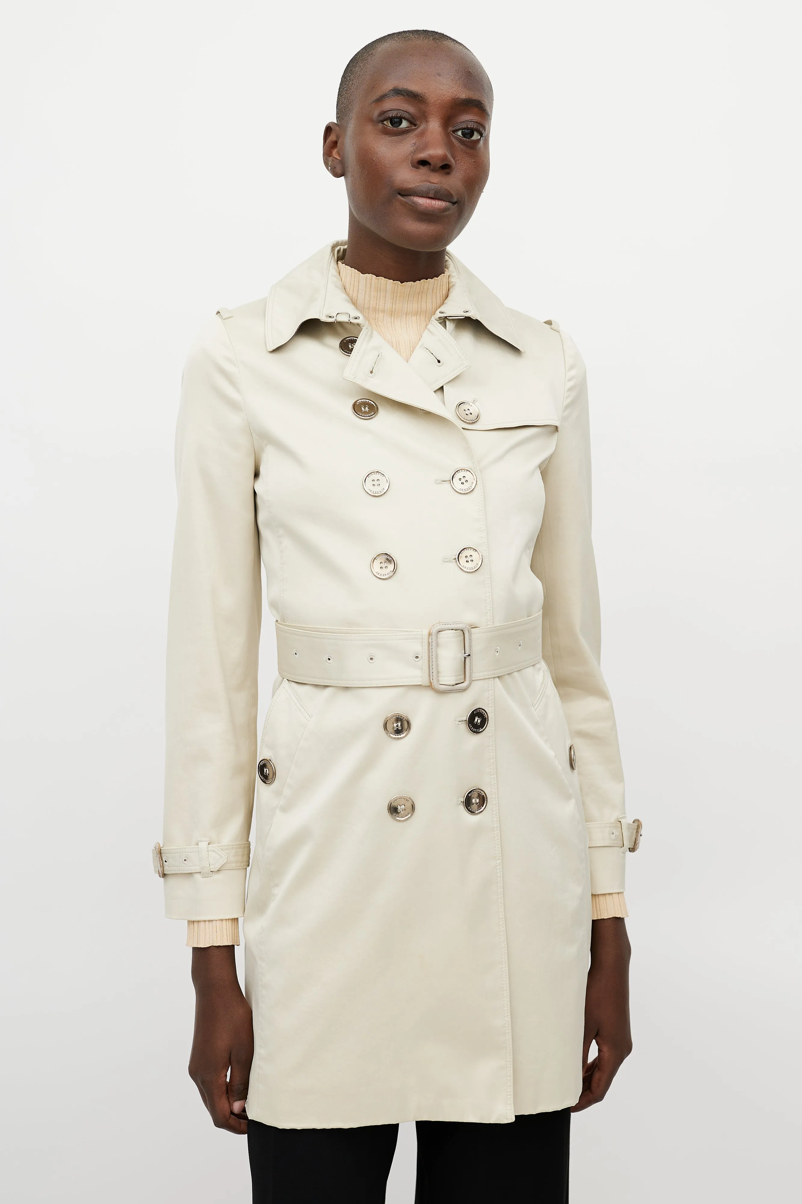 Beige Silver Double Breasted Trench Coat