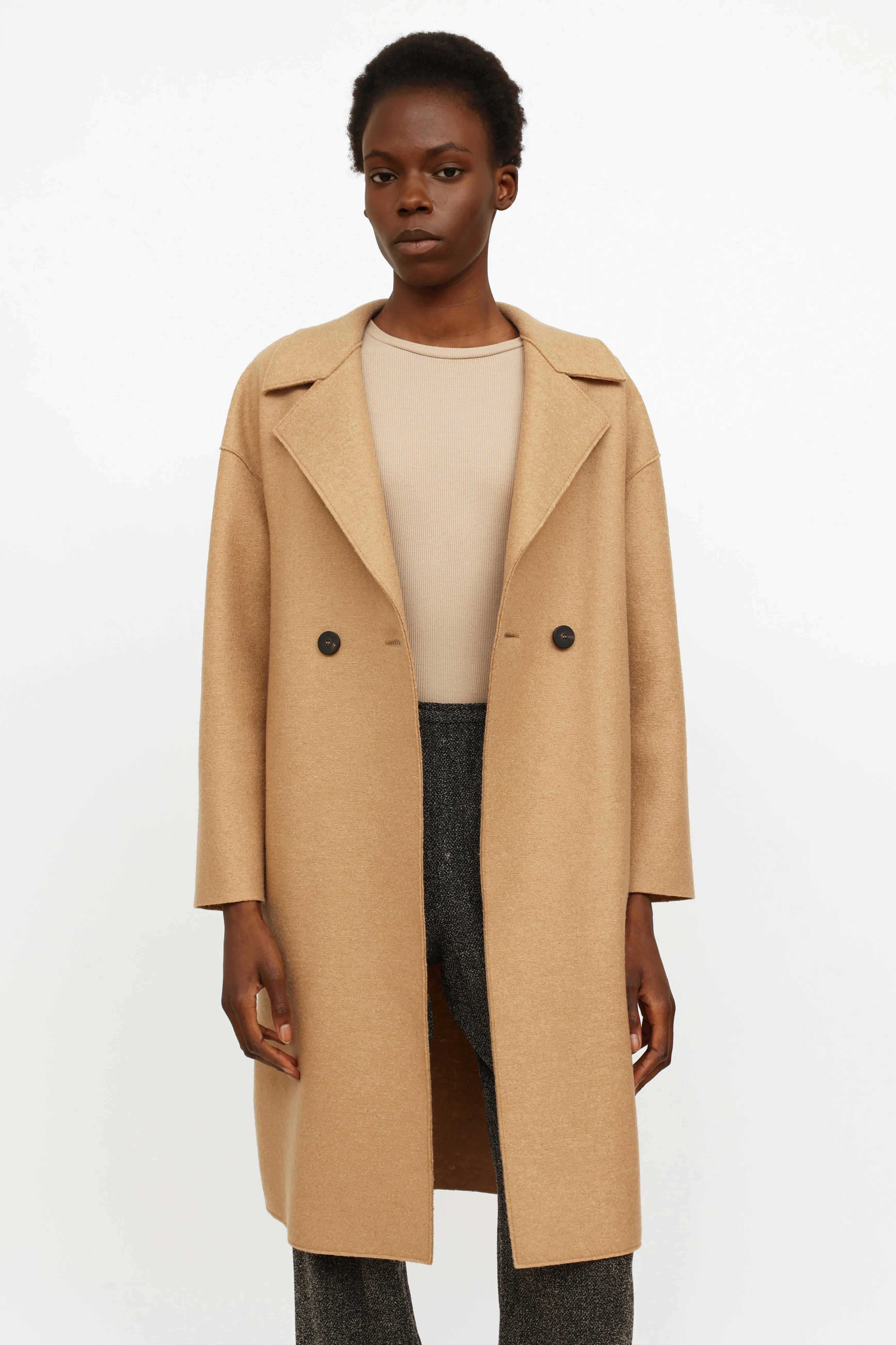 Beige Wool Double Breasted Coat