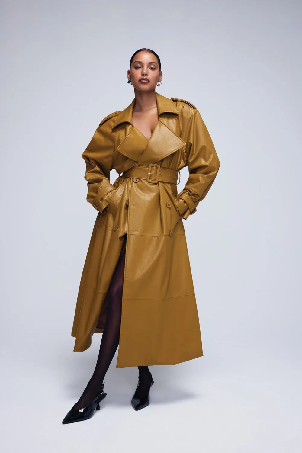 Belted Faux Leather Trench Coat