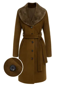 Brown 1940s Fur Collar Belted Coat