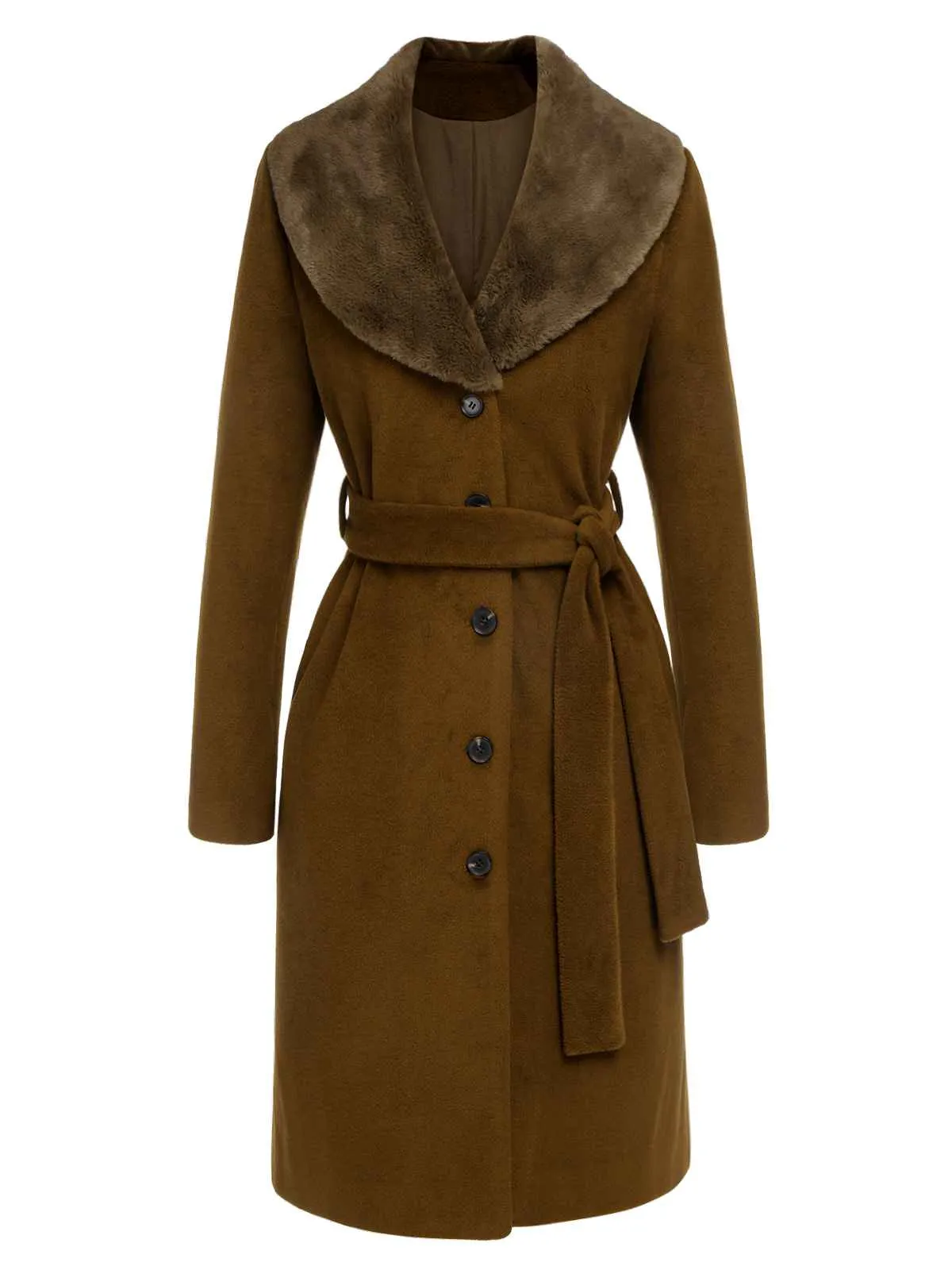 Brown 1940s Fur Collar Belted Coat