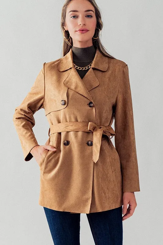 Camel Double Breasted Soft Suede Trench Coat