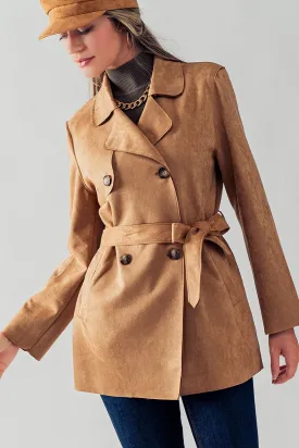 Camel Double Breasted Soft Suede Trench Coat