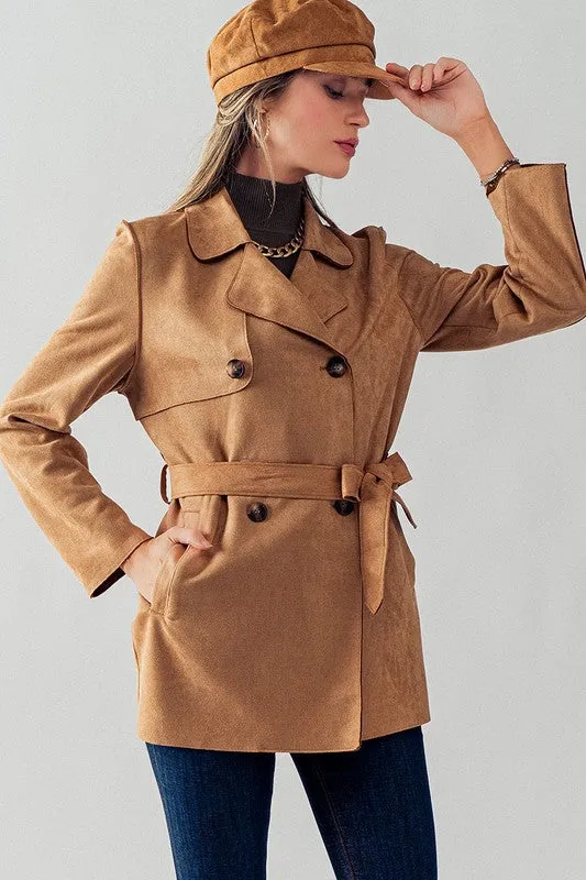 Camel Double Breasted Soft Suede Trench Coat