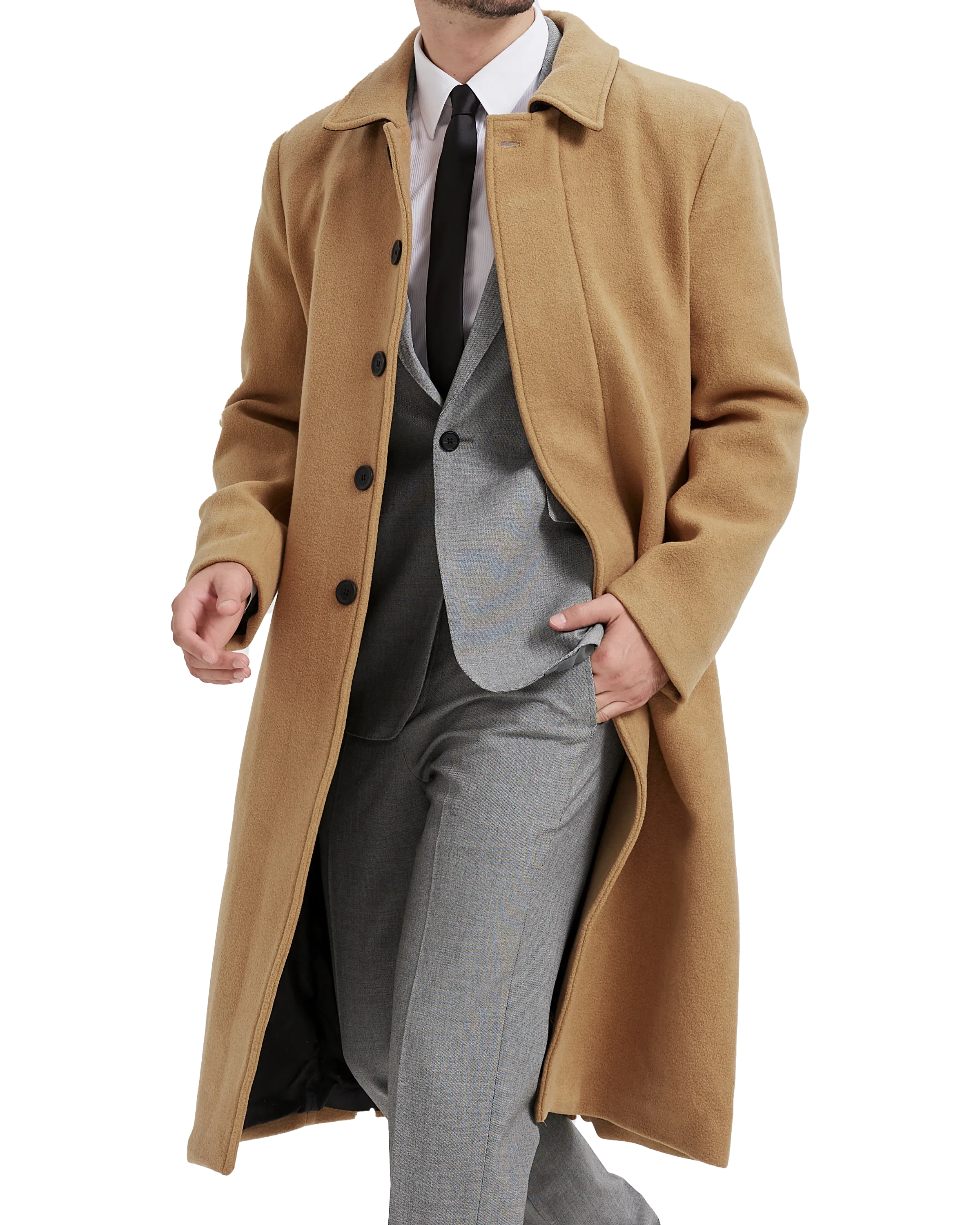 Camel Long Wool Cashmere Overcoat Hidden Buttons