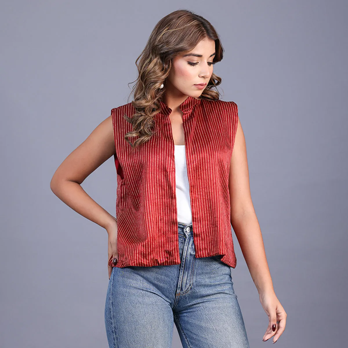 Cotton Ajrakh Jacket For Women | Sleevesless | Collared Neck | Red