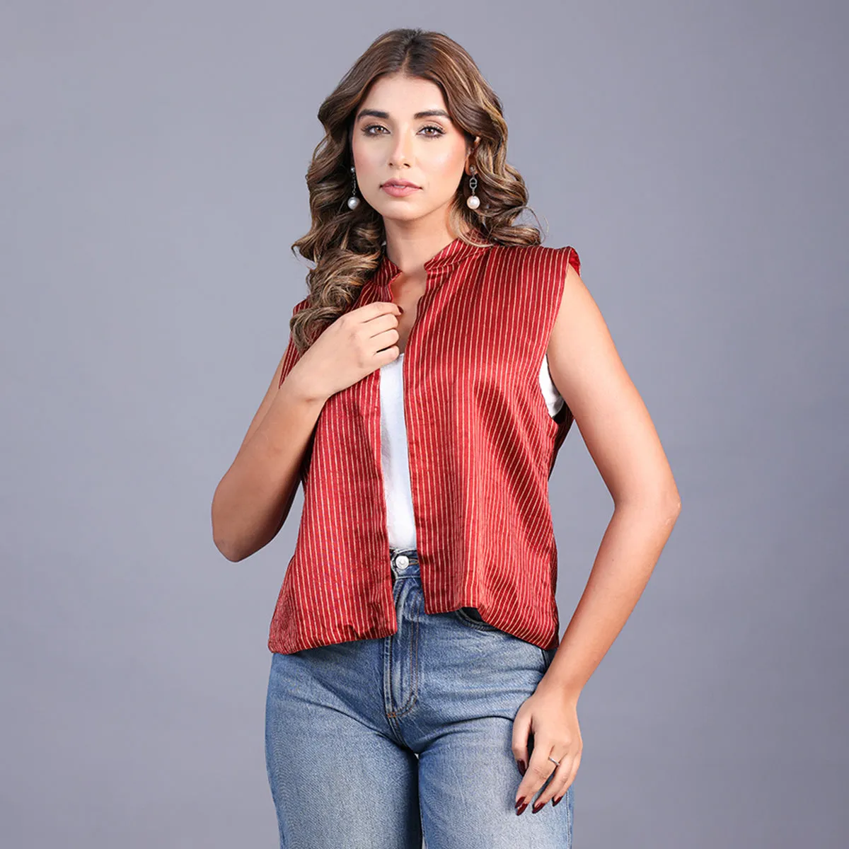 Cotton Ajrakh Jacket For Women | Sleevesless | Collared Neck | Red