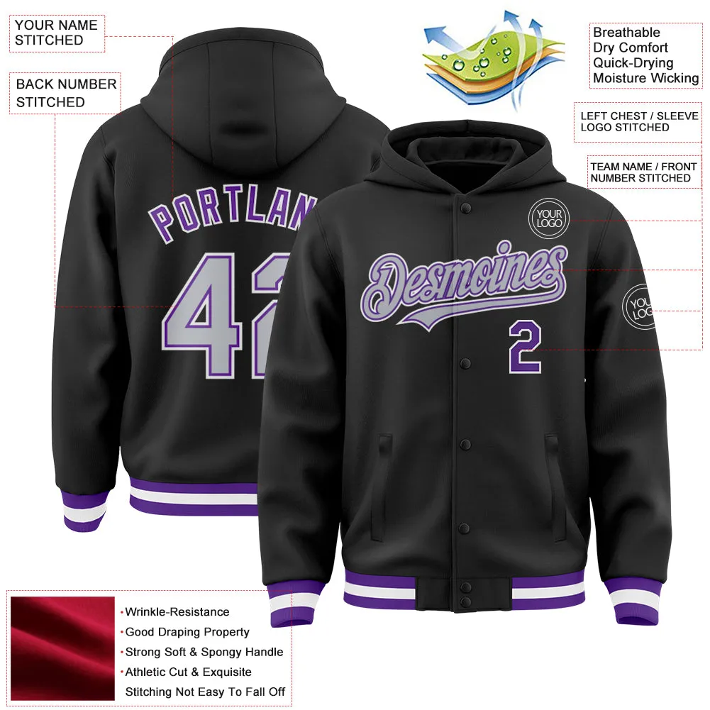 Custom Black Gray-Purple Bomber Full-Snap Varsity Letterman Hoodie Jacket