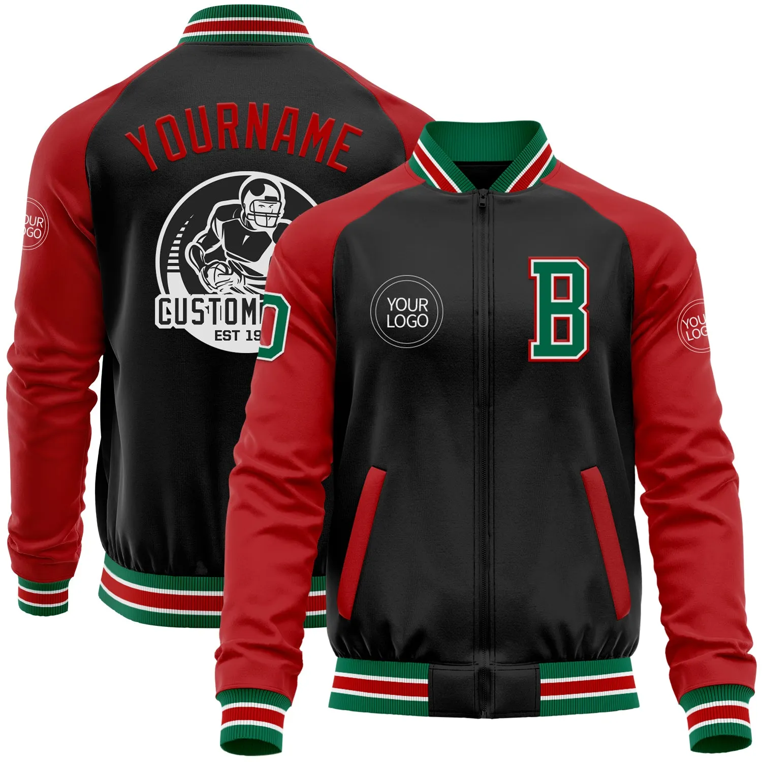 Custom Black Kelly Green-Red Bomber Varsity Letterman Two Tone Zipper Jacket