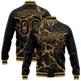 Custom Black Old Gold Abstract Network 3D Pattern Design Bomber Full-Snap Varsity Letterman Jacket