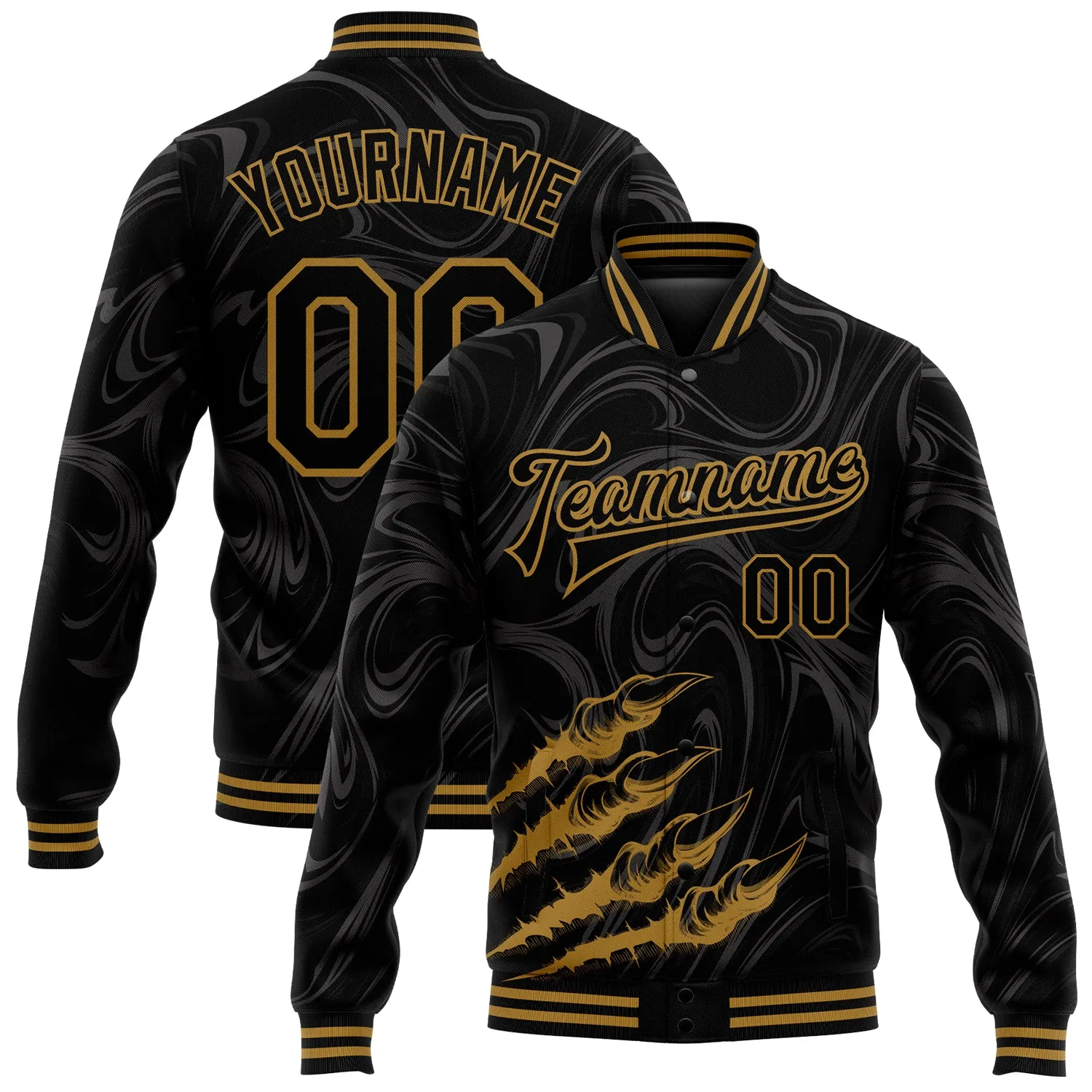 Custom Black Old Gold Beast Claws 3D Pattern Design Bomber Full-Snap Varsity Letterman Jacket