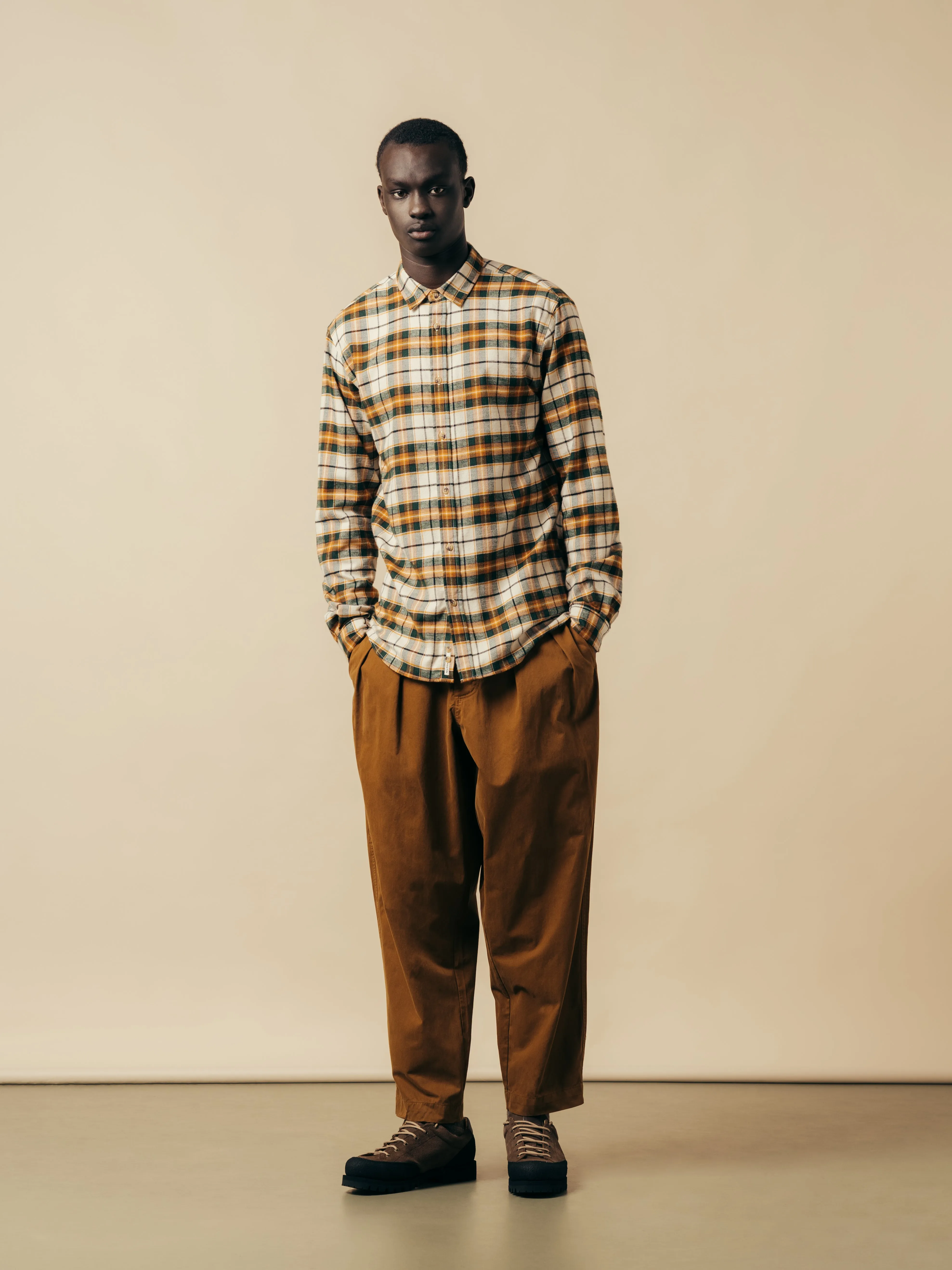 Dirleton Shirt In Ecru / Saffron Check Japanese Brushed Plaid