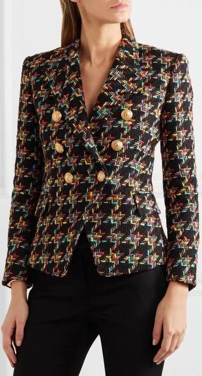 Double-Breasted Houndstooth Tweed Blazer