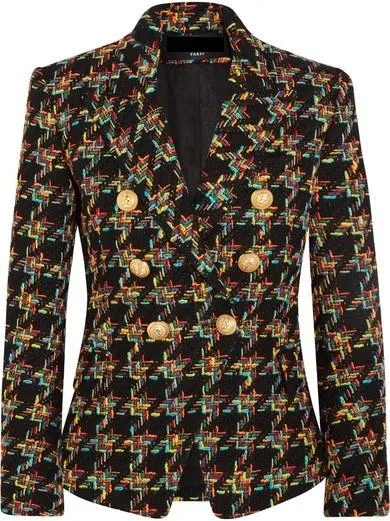 Double-Breasted Houndstooth Tweed Blazer