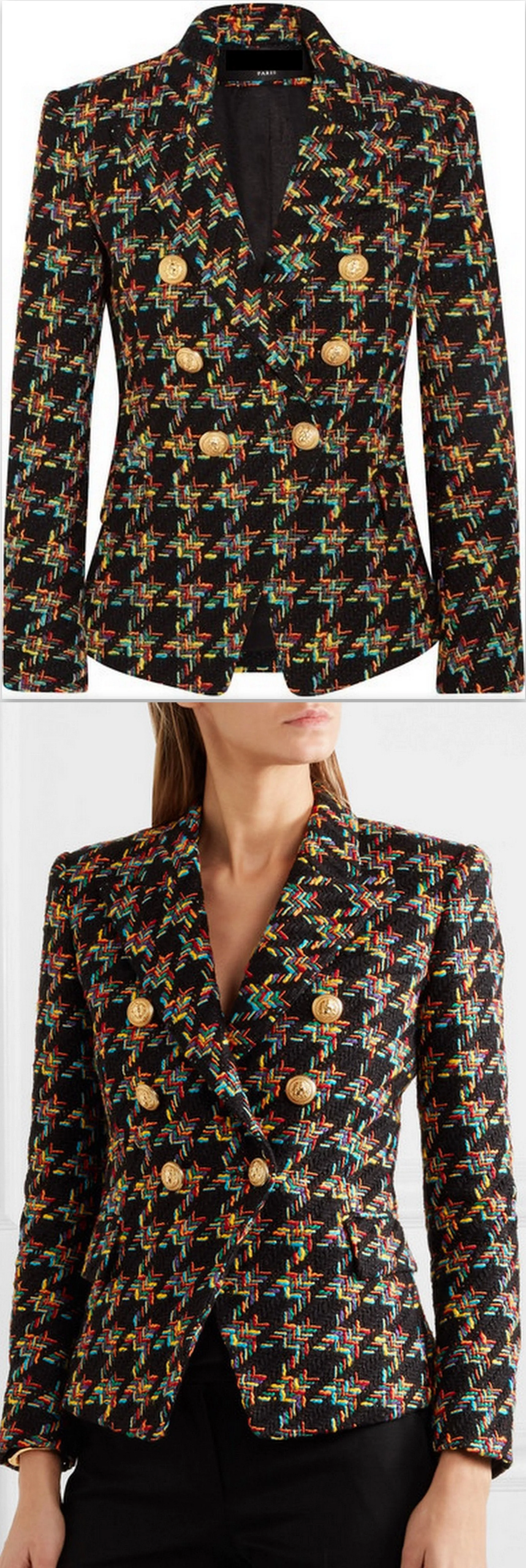 Double-Breasted Houndstooth Tweed Blazer