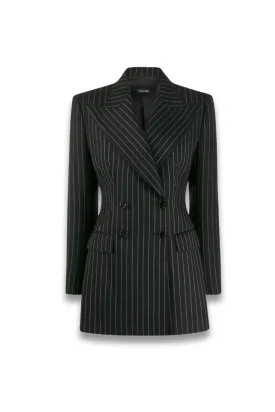 Double-Breasted Mini Blazer Dress - Black Pinstripe