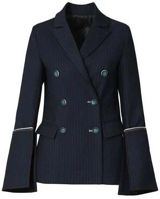 Double-Breasted Pinstripe Flared-Sleeve Blazer