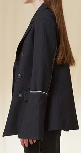 Double-Breasted Pinstripe Flared-Sleeve Blazer