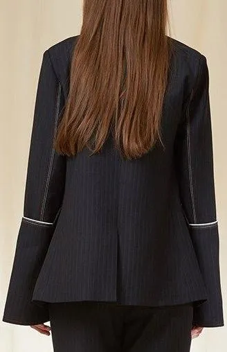 Double-Breasted Pinstripe Flared-Sleeve Blazer