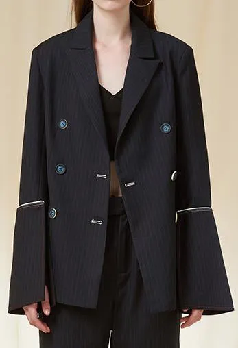 Double-Breasted Pinstripe Flared-Sleeve Blazer