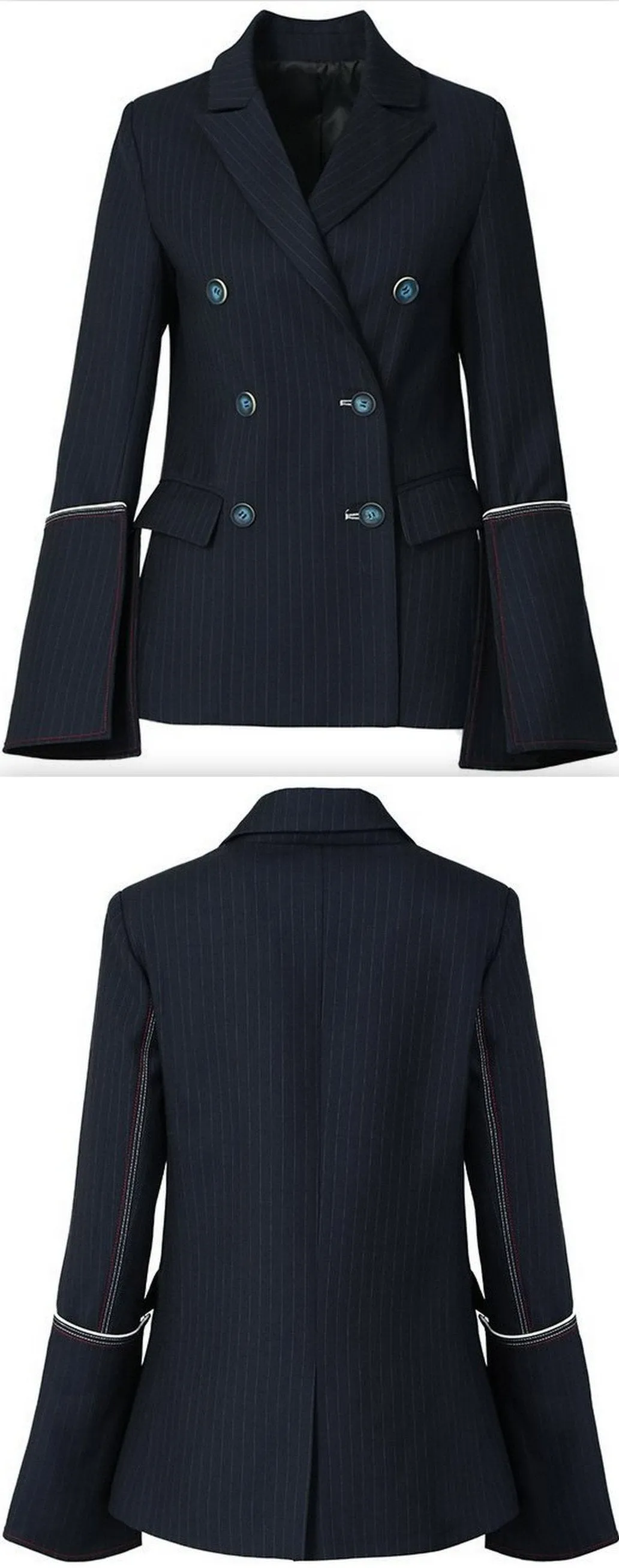 Double-Breasted Pinstripe Flared-Sleeve Blazer