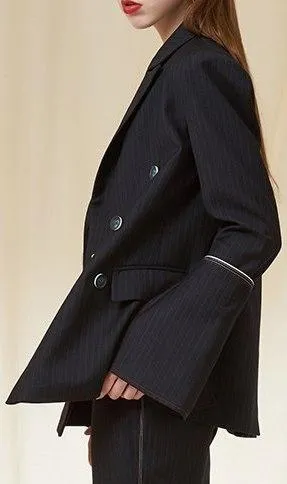 Double-Breasted Pinstripe Flared-Sleeve Blazer