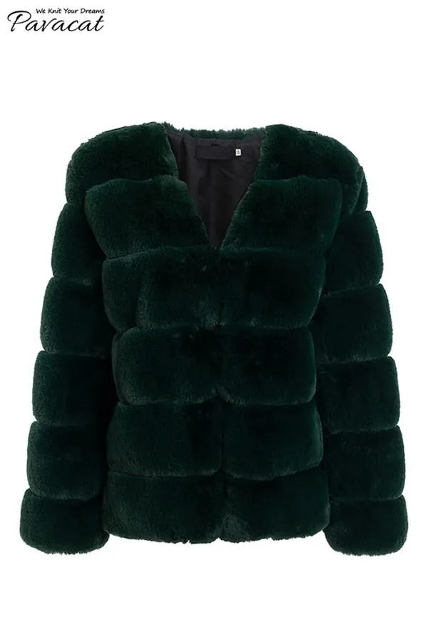 Elegant Thick Fluffy Faux Fur Coat - Dark Green