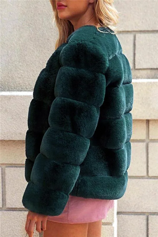 Elegant Thick Fluffy Faux Fur Coat - Dark Green