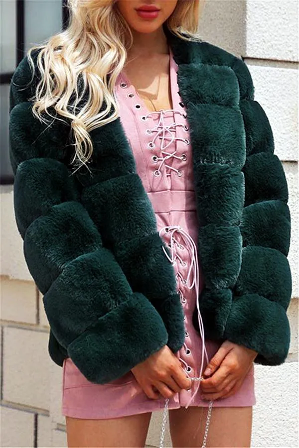 Elegant Thick Fluffy Faux Fur Coat - Dark Green