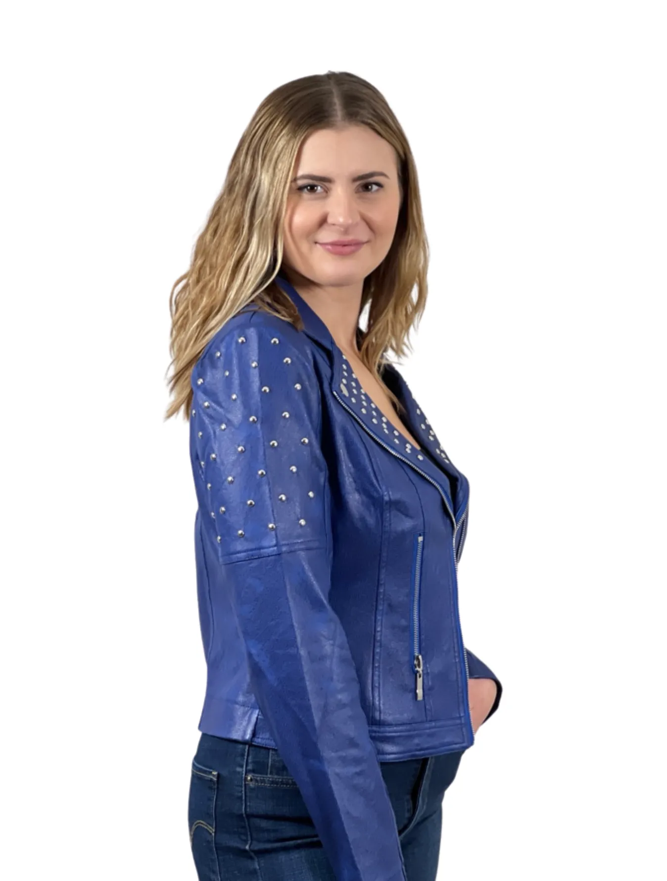 Foil Faux Leather jacket with rivets trim (Royal blue)