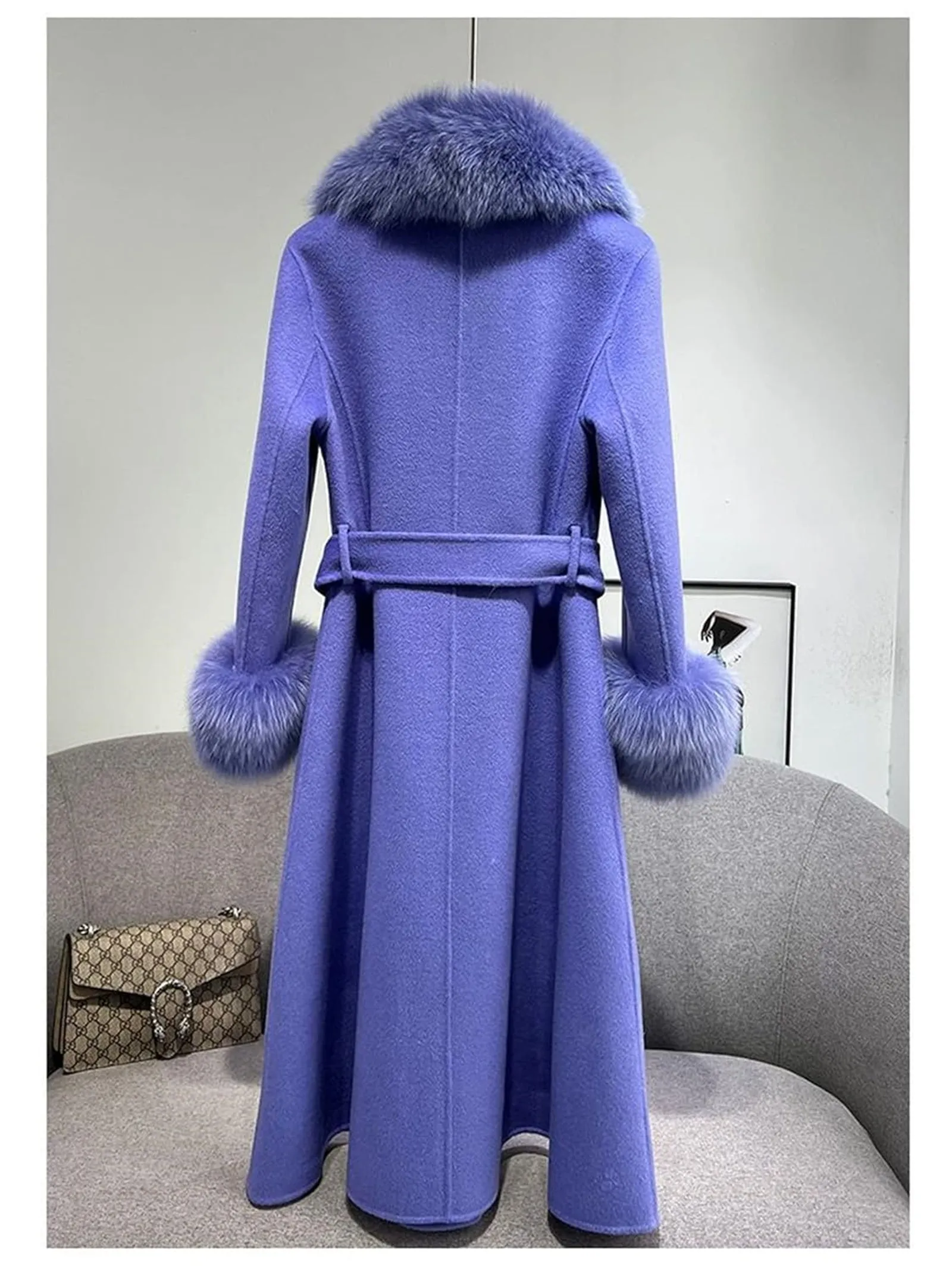 FURINFASHION HU-05 Winter New Style Real Fox Fur Detachable Large Collar Warm Women's Fur Coat And Double-Sided Woolen Coat.