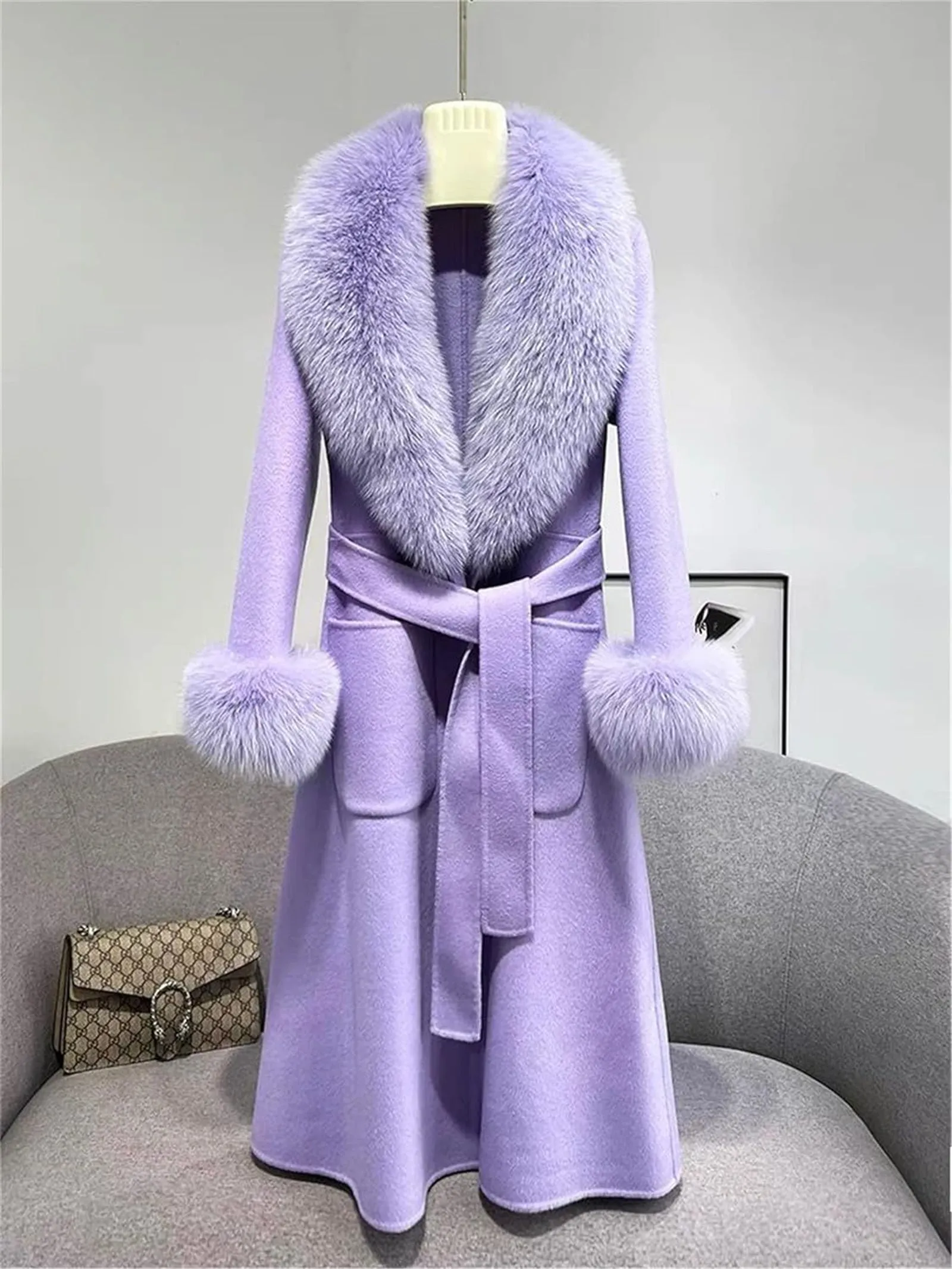 FURINFASHION HU-05 Winter New Style Real Fox Fur Detachable Large Collar Warm Women's Fur Coat And Double-Sided Woolen Coat.