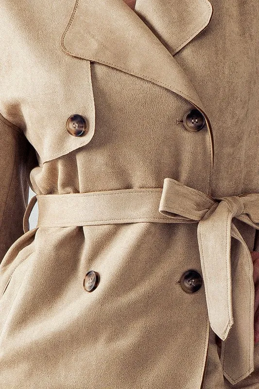 Khaki Double Breasted Soft Suede Trench Coat