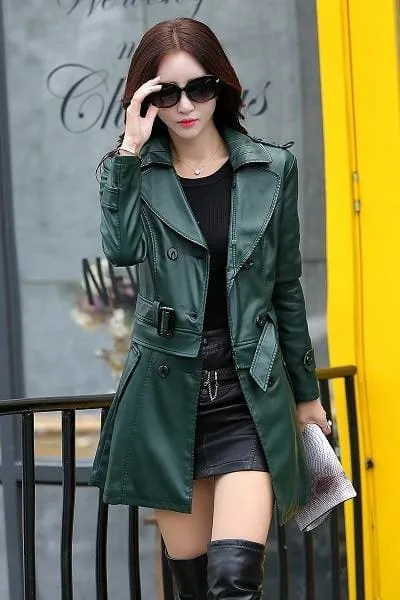 Ladies Faux Synthetic Long Leather Trench Coat