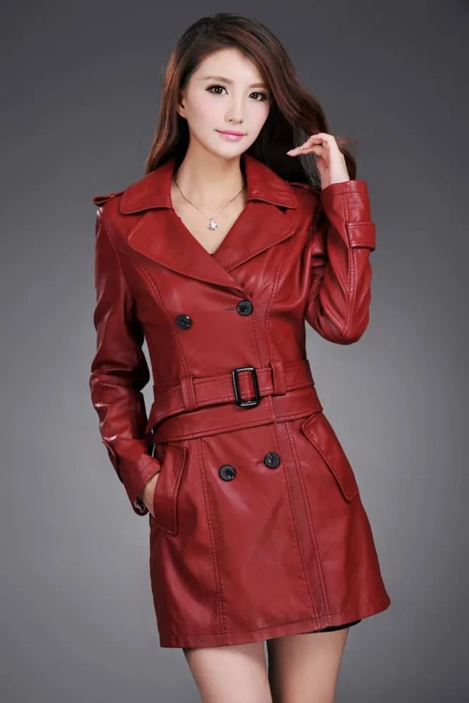 Ladies Faux Synthetic Long Leather Trench Coat