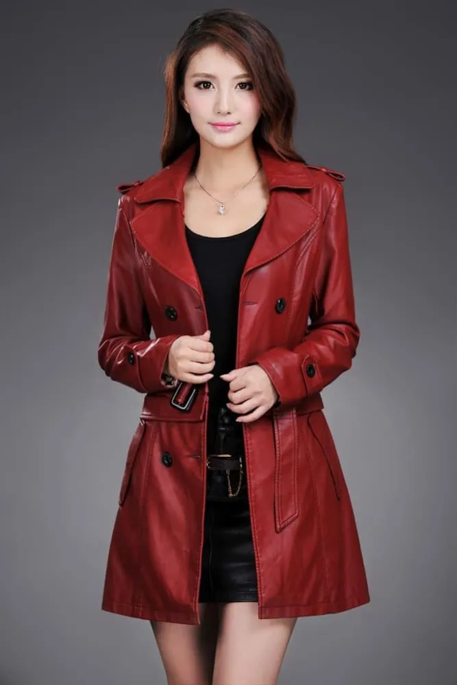 Ladies Faux Synthetic Long Leather Trench Coat