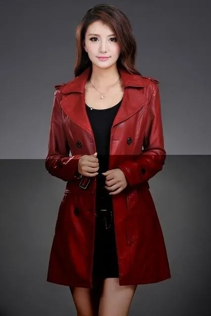 Ladies Faux Synthetic Long Leather Trench Coat