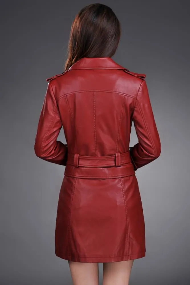 Ladies Faux Synthetic Long Leather Trench Coat