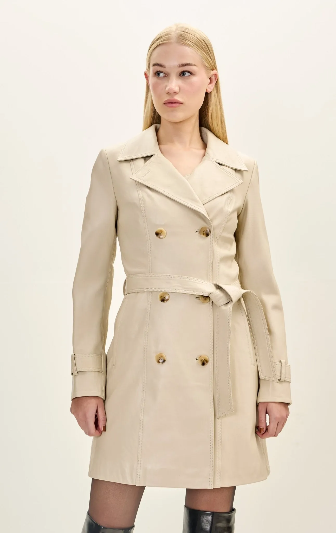 Lambskin Leather Double Breasted Trench Coat - Beige