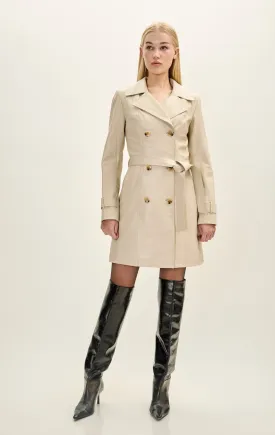 Lambskin Leather Double Breasted Trench Coat - Beige