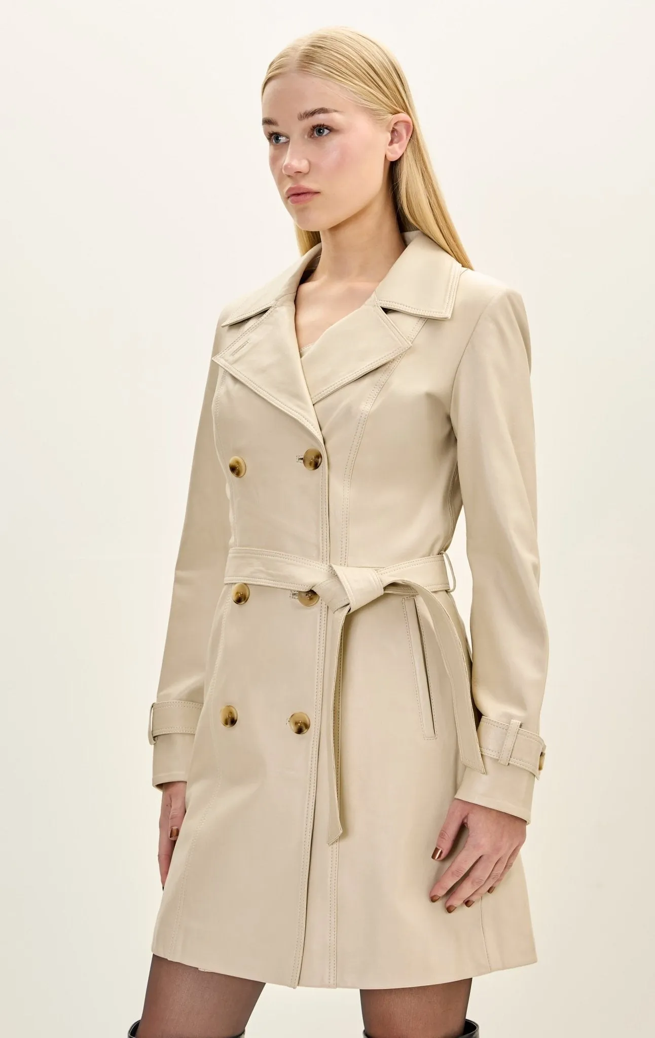 Lambskin Leather Double Breasted Trench Coat - Beige