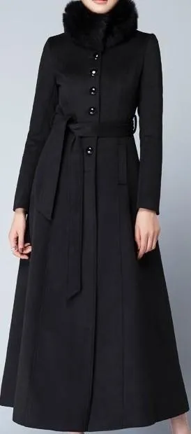 Long Single-Breasted Fur-Collar Wool Coat